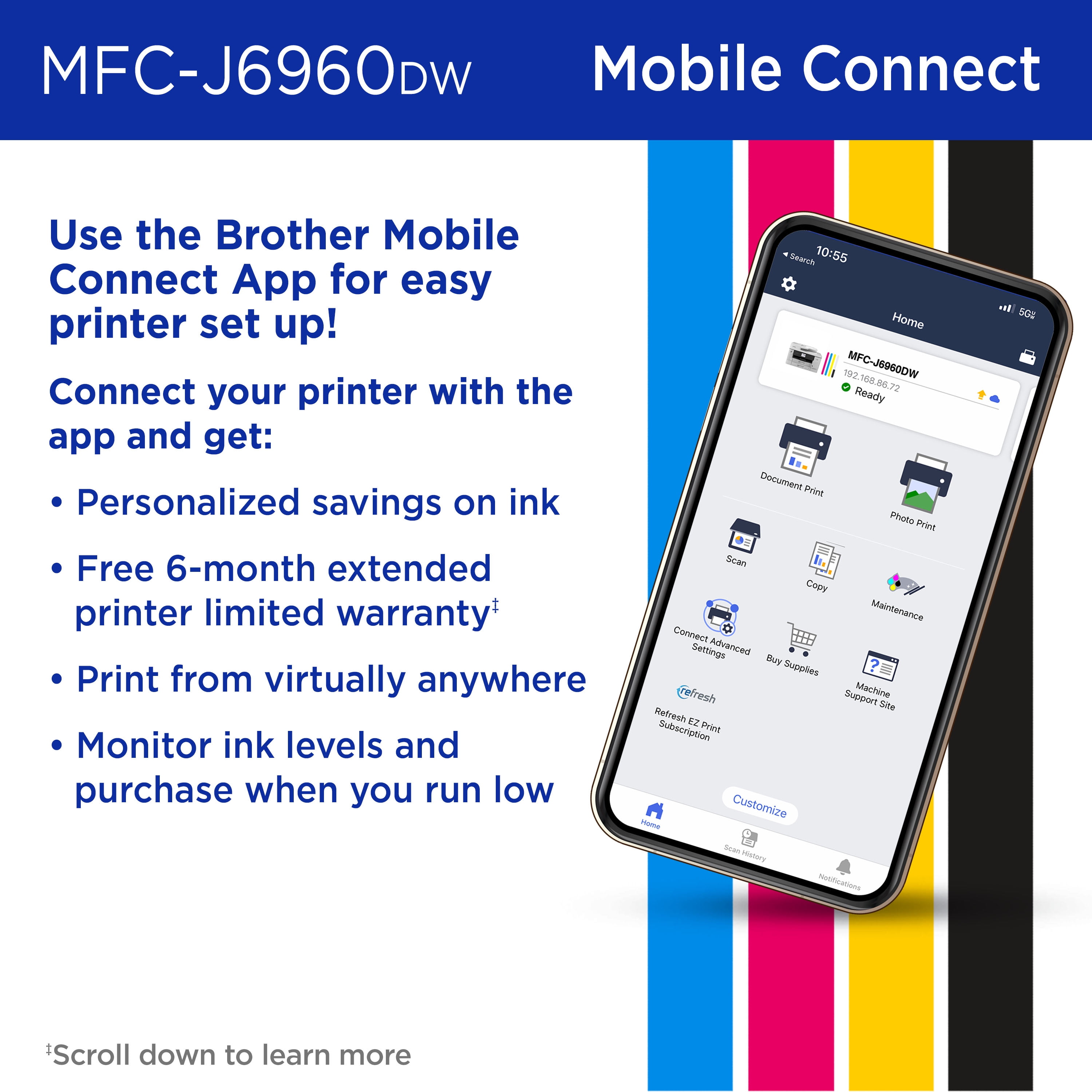 Brother INKvestment MCF-J6960DW Wireless Color Inkjet All-in-One Printer with 11”x17” capabilities and 3.5” Color Touchscreen