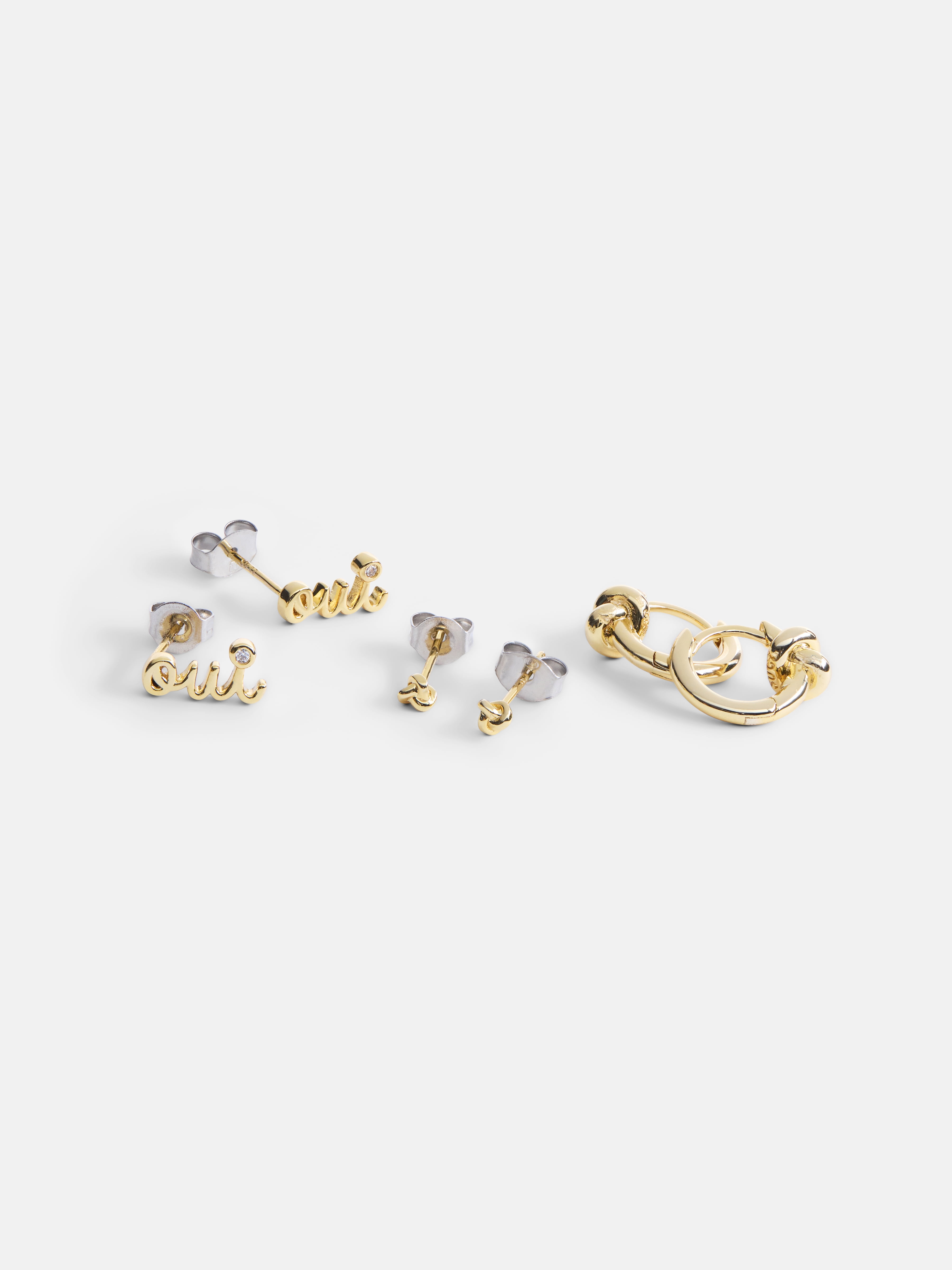 Free Assembly Women's Demi Fine 14K Gold Plated Cubic Zirconia Oui Studs, Knots and Hoop Earring Set, 3-Pair
