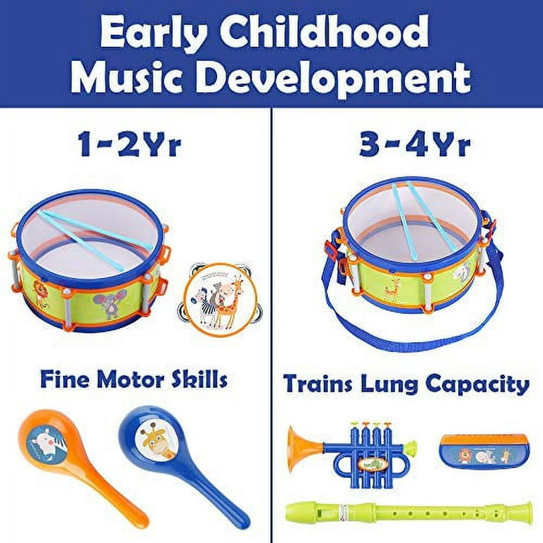 iPlay, iLearn Juguetes de instrumentos musicales para niños pequeños, juego  de batería para niños, trompeta de bebé, percusión, armónica, maraca