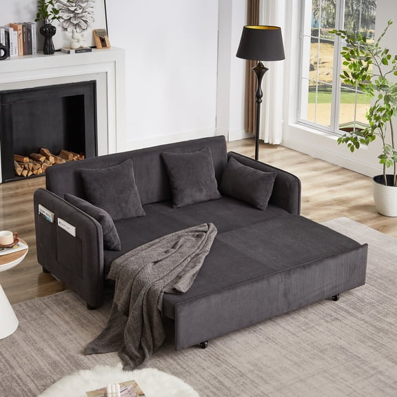 Miekor 66 Inch Sleeper Sofa Bed 3-in-1 Adjustable Sleeper with Pullout Bed 4 Pillows and Side Pockets Soft Corduroy Convertible Sleeper Sofa Bed for Living Room Bedroom Apartment Office MK2147