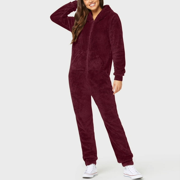 Lisingtool pajamas for women set Women's Artificial Wool Long Sleeve Pajamas  Casual Zipper Loose Hooded Jumpsuit Pajamas Casual Winter Warm Rompe Cute 1  Piece Suit On Sleepwear Wine 