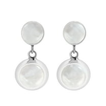 Dainty Circles White Sea Shell Inlay Sterling Silver Post Drop Modern Earrings