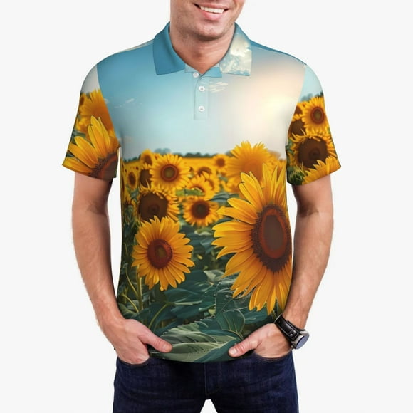 Sikiie Sunlit Sunflower Field Print Men's Short-sleeved POLO Shirts, Button-down Shirts and T-shirts are Suitable for Vacation, Leisure and Business-Medium