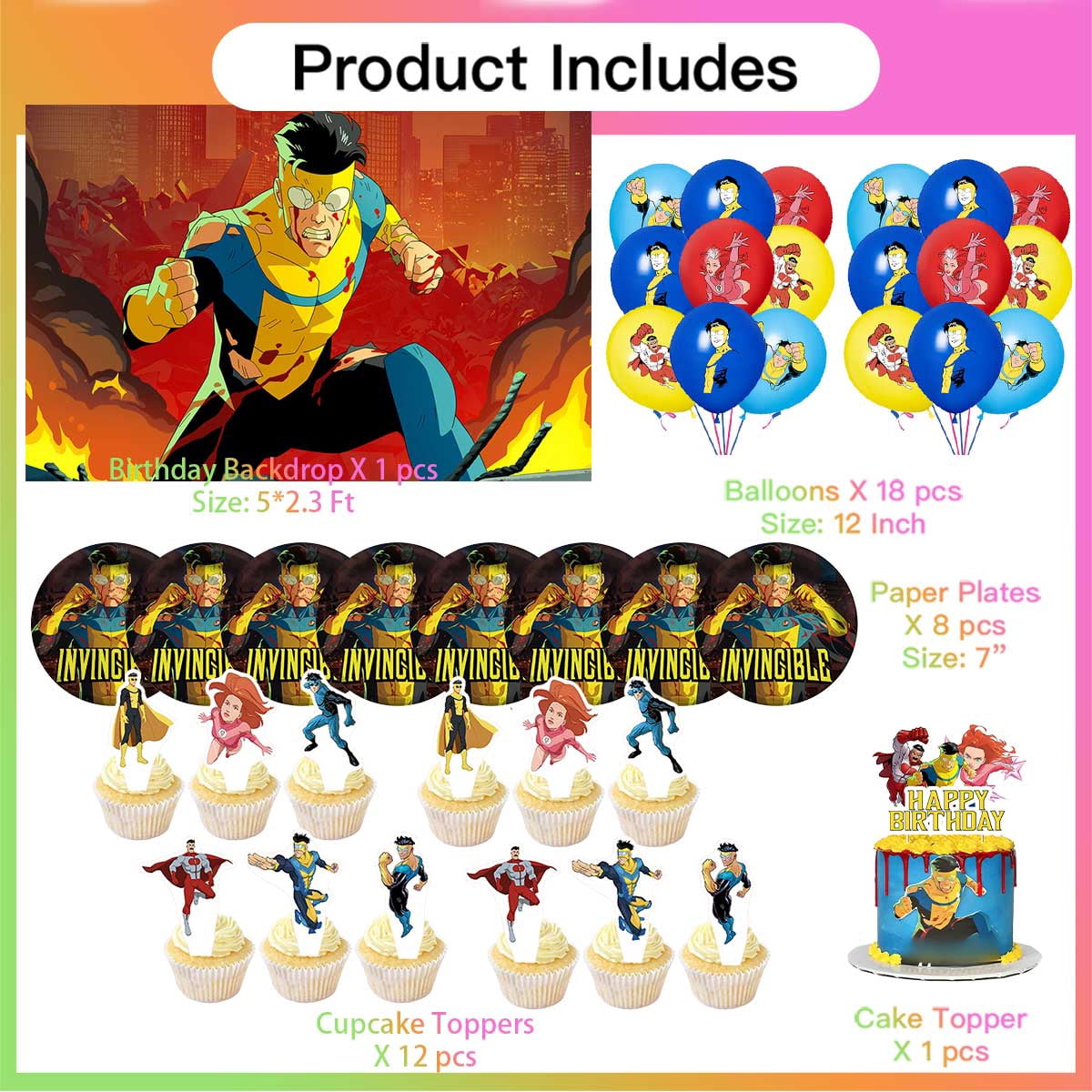 Invincible Birthday Party Supplies Balloons Paper Plates Decoration Cake Topper Decor Tableware Banner Backdrop