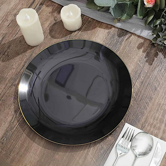 Balsa Circle 10 Round 10" Black Glossy Disposable Salad Dinner Plastic Plates Gold Trim Party Events Decorations