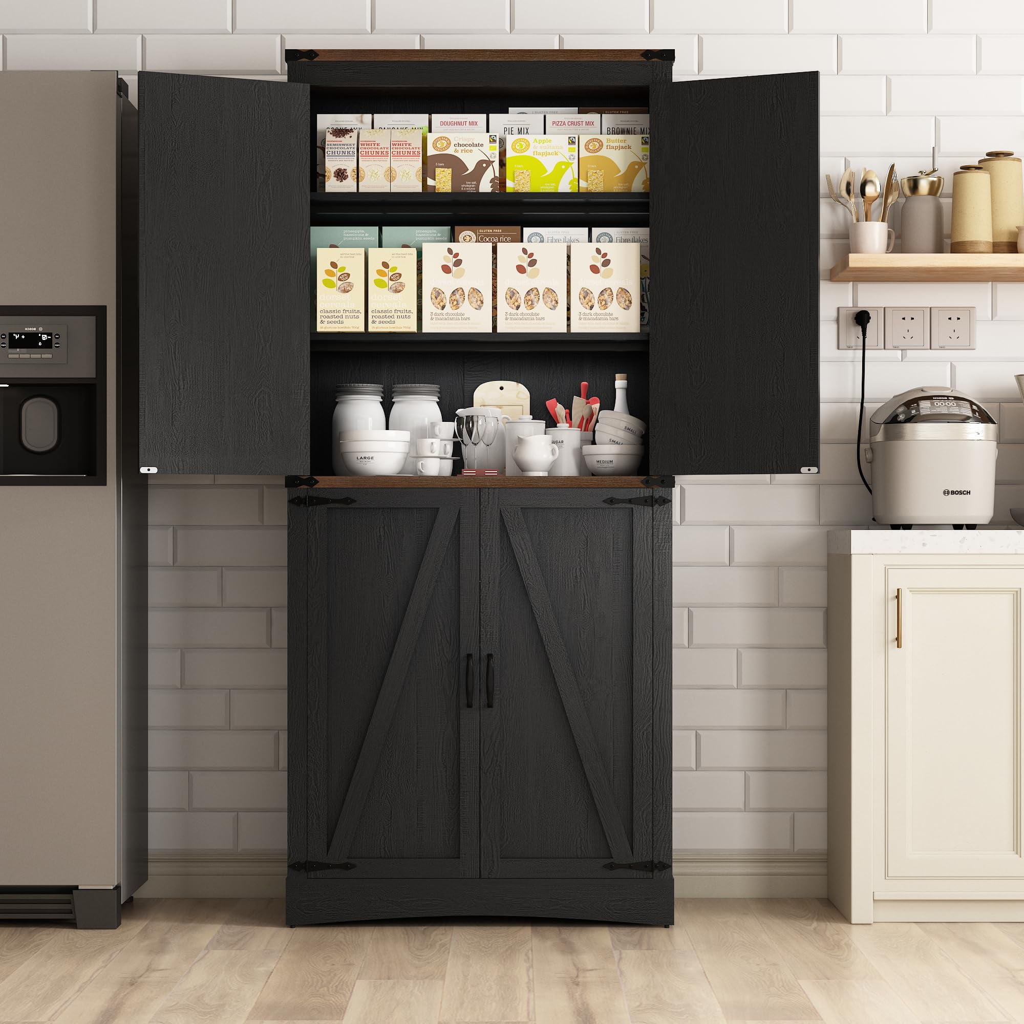 71" Tall Farmhouse Kitchen Pantry Storage Cabinet, 5 Layers Storage Cabinet with Adjustable Shelves, Pantry Cabinet with 4 Barn Doors for Kitchen, Dining Room, Bathroom, Living Room, Rustic Black