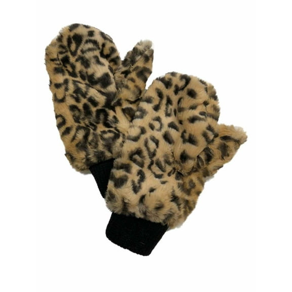 Womens Fuzzy Plush Brown & Black Leopard Print Faux Fur Mittens Cheetah