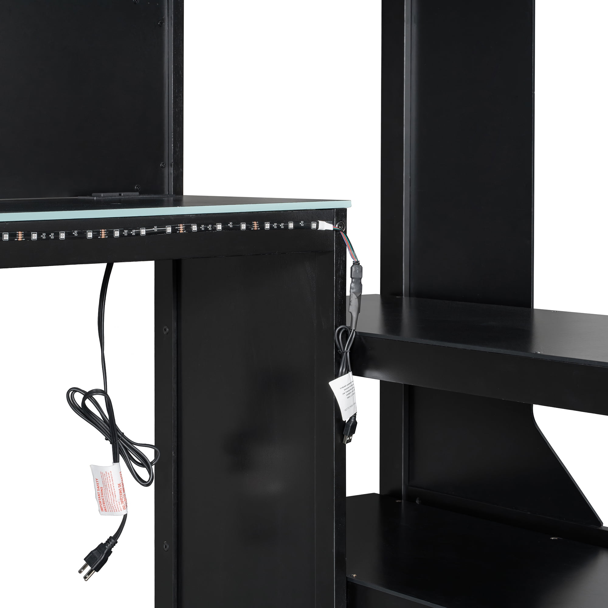 Aukfa Twin Size Gaming Loft Bed with Desk, LED Lights, Charging Station & Storage Shelves/Cabinet, Wooden Bed Frame for Kids, Black/Blue