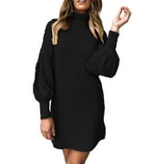 Colisha Long Sleeve Solid Dress for Womens Mock Neck Casual Tunic Dress Pullover Sweater Dress Jumper Black XL