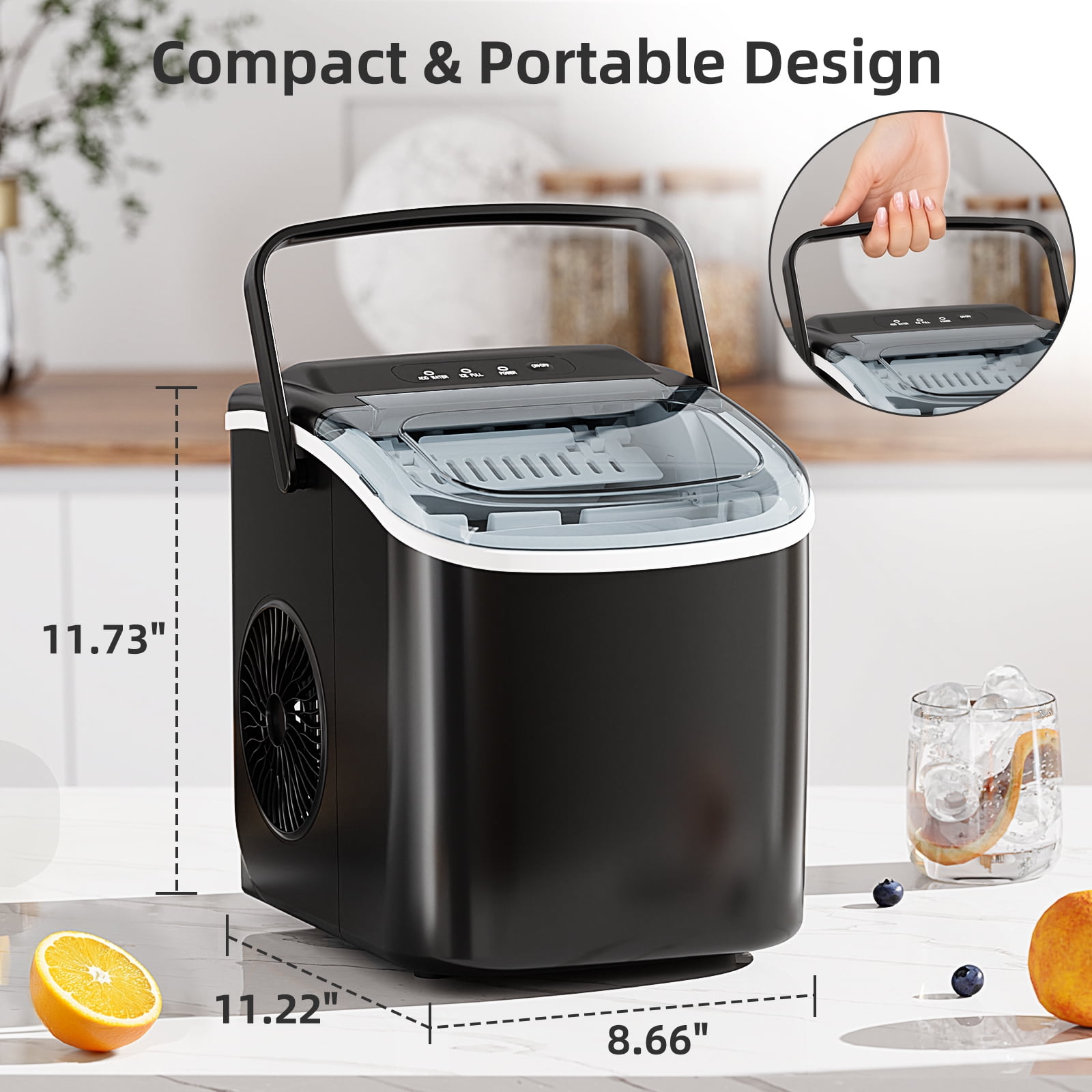 FREE VILLAGE Ice Makers Countertop,Portable Ice Maker Machine with Self-Cleaning,26.5lbs/24Hrs,6 Mins/9 Pcs Bullet Ice,Ice Scoop and Basket,Handheld Ice Maker for Kitchen/Home/Office/Party