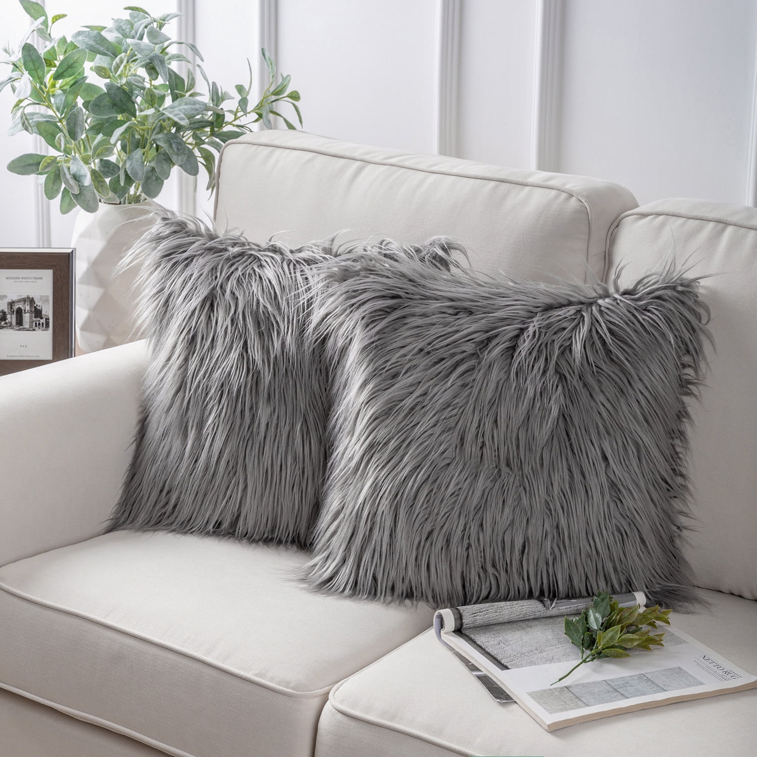 Phantoscope Designer's Choice Faux Fur Decorative Throw Pillow + Area Rug Bundle, 18" x 18"/ 2' x 6', Gray, 2 Pillows + 1 Rug