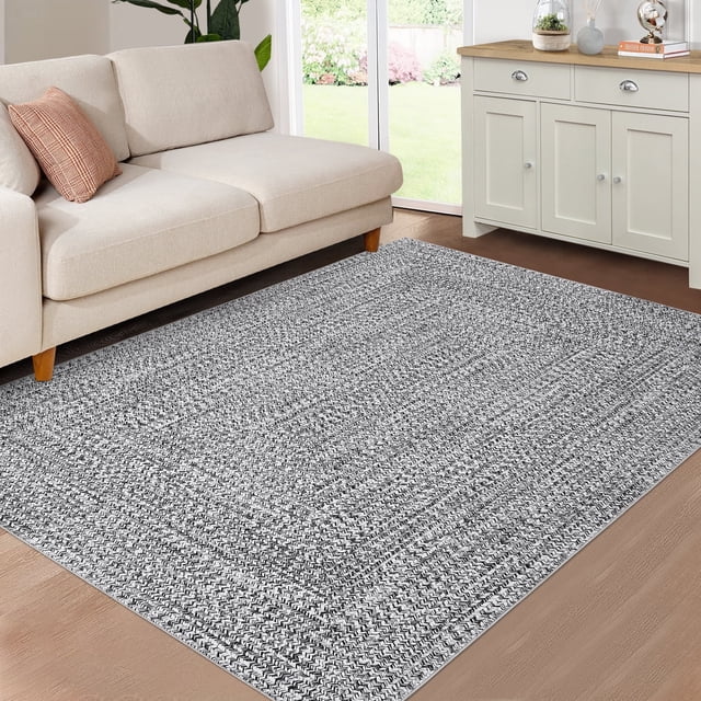 GlowSol 8' x 10' Area Rug Modern Braided Print Rugs for Living Room Bedroom Non-Slip Low Pile Accent Rug Washable Floor Cover, Gray