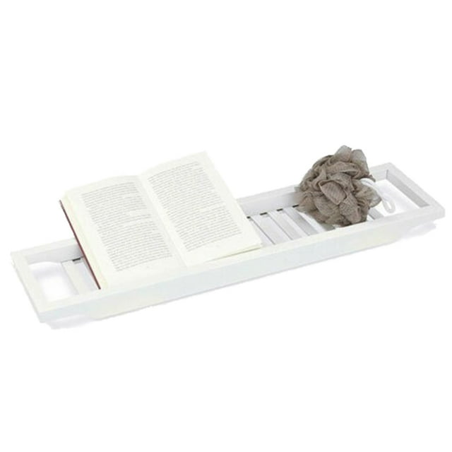 Graflsoa White Bamboo Bathtub Caddy with Non-Slip Silicon Pads, Multi-Functional Storage Tray for Bath Essentials, Wine, Books, and Devices, 27.5 Inches