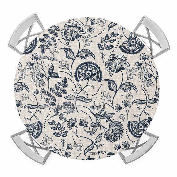 Elastic Fitted Round Tablecloth, Vintage Spring Floral Waterproof Stretch Table Cover for 45"-54" Tables, Retro Farmhouse Summer Botanical Washable Outdoor Tablecloths for Patio, Picnic, Camping