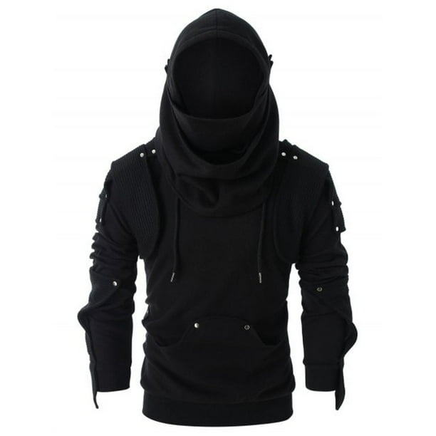 Retro Dark Masked Drawstring manga larga con capucha botón decorativo hombres Top Pompotops oipoqjl16957