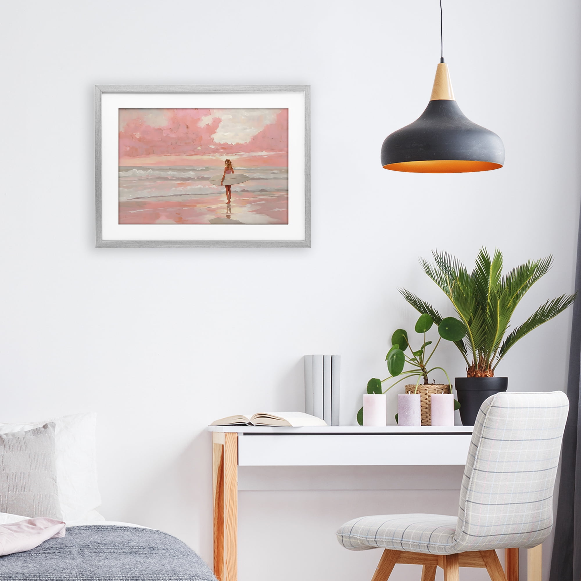 Pink Sky Surfer Gray Framed Print Under Glass, design by LSR Design Studio