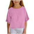 thumbnail image 3 of Jinhomg Loose T Shirts for Kids Cute Ruffle Hem Casual Shirts Lightweight Comfy Short Sleeve Cotton Linen Blouses Girls Plain Solid Summer Tees Pink 9 Years, 3 of 10