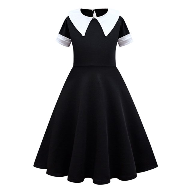 Vestidos Largos Para Niñas Miércoles Addams Familia Niños Negro Gótico Solapa Manga Corta Halloween Fiesta Cosplay Disfraz
