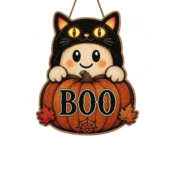 Halloween Ghost Pumpkin Wooden Hanging Sign, Cute Boo Wall Hanger Ornaments for Front Door Porch Home Decor