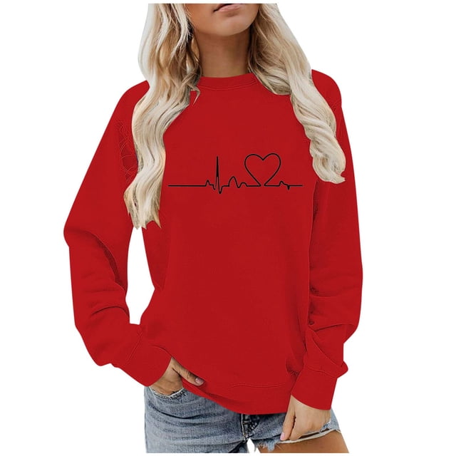 BLVB Chandail à Col Rond pour Femmes, Imprimé de Cœur, Manches Longues, Mignon, Coupe Ample, Léger, Hauts d'Automne, Cadeaux de la Saint-Valentin