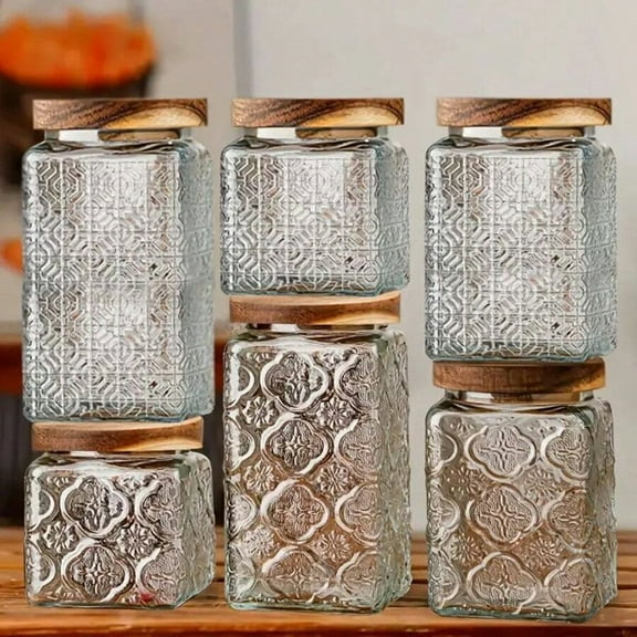 3-Piece Nordic Vintage Glass Storage Jar Set - Begonia/Sunflower Pattern, Square Flip-Top Lids for Snacks, Grains, Tea, Coffee Beans & Spices (Kitchen/Home Use)