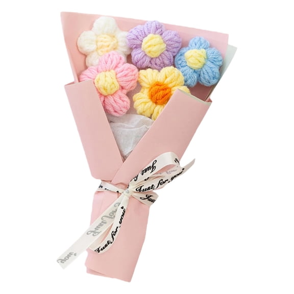 Mini Crochet Flowers Bouquet Kit for Birthday Gifts for Daughter Friends Handmade Knitted Eternal Puff Flower Bouquet Artificial Flowers Home Decor for Graduation Mother's Day, 1Pc(Pink,6.6x3.9")