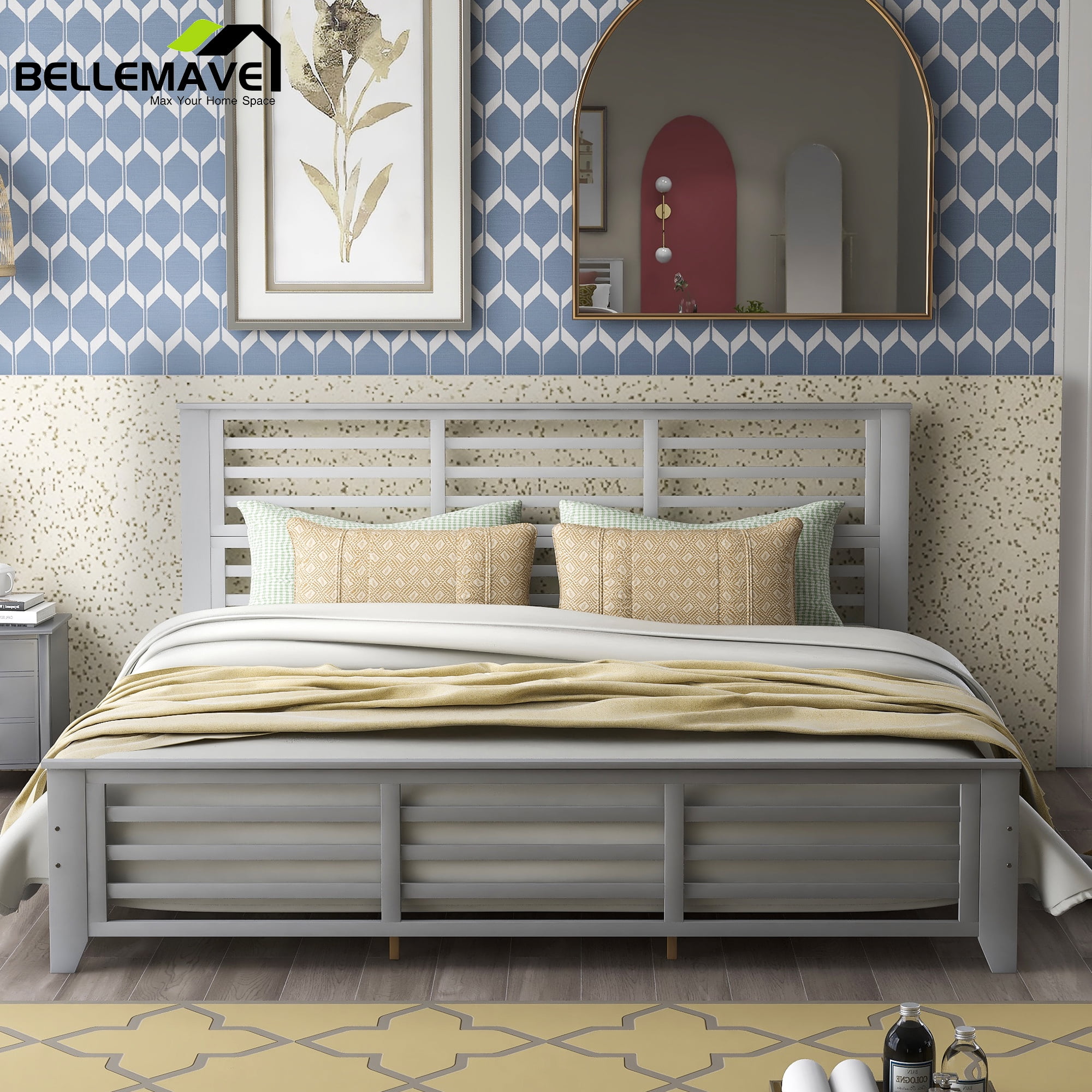 Bellemave Gray Wood King Size Platform Bed with Horizontal Strip Hollow