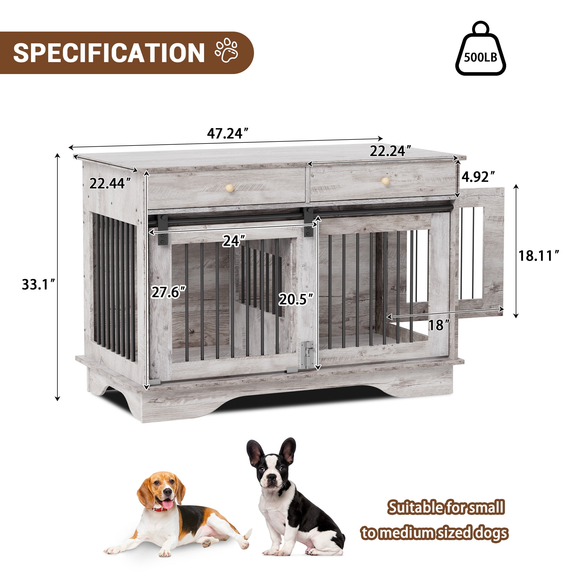 Large Dog Furniture Crate, 47 in Furniture Style Dog Crate with Removable Divier for Large/Medium/Small Dogs，White