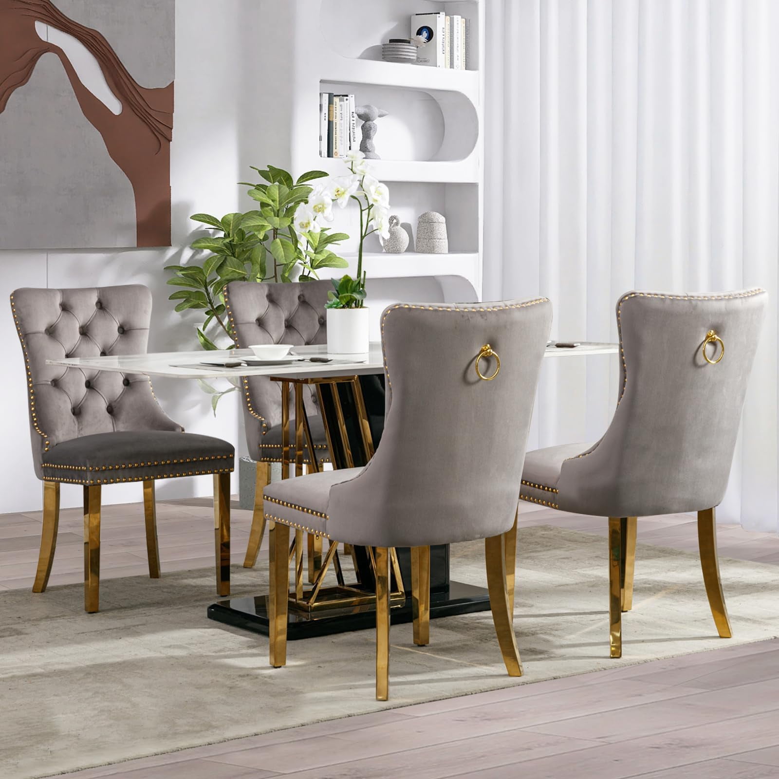 JESTOP Velvet Dining Chair Set of 8, Upholstered Tufted Dining Room Chair with Nailhead Trim and Solid Gold Plated Leg for Kitchen(Grey)