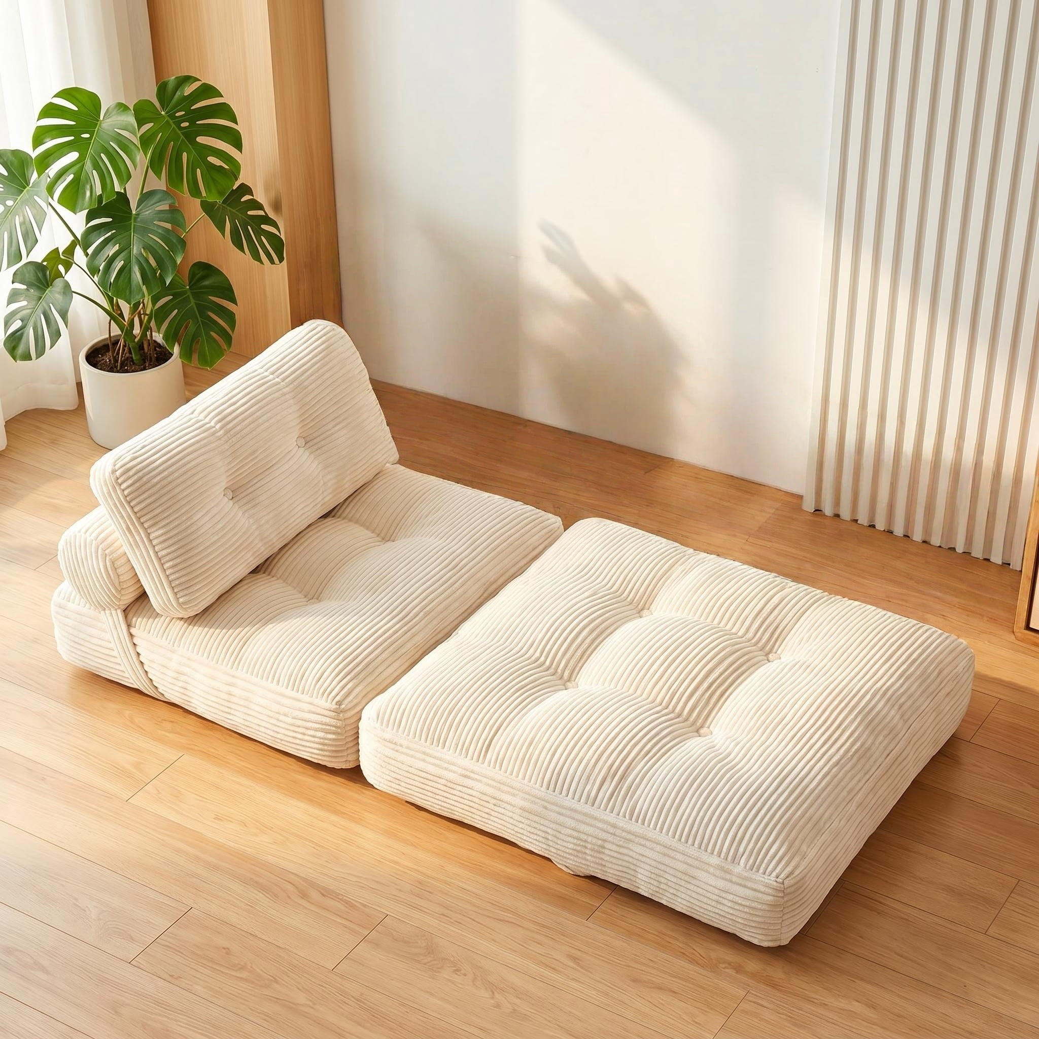 Howcool Corduroy Folding Sofa Bed,3 in 1 Convertible Sleeper Chair with Pillow & Lumbar Pillow,Boneless Floor Sofa Couch Lounge Chair for Living Room Dorm,Beige