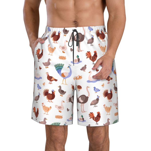 Sikiie Shorts de Plage pour Hommes à Imprimé Oiseaux et Oie de Ferme, Shorts à Séchage Rapide Haute Élasticité - avec Cordon et Poches Antidérapantes, Adaptés pour la Plage, les Sports, les Vacances-3TG