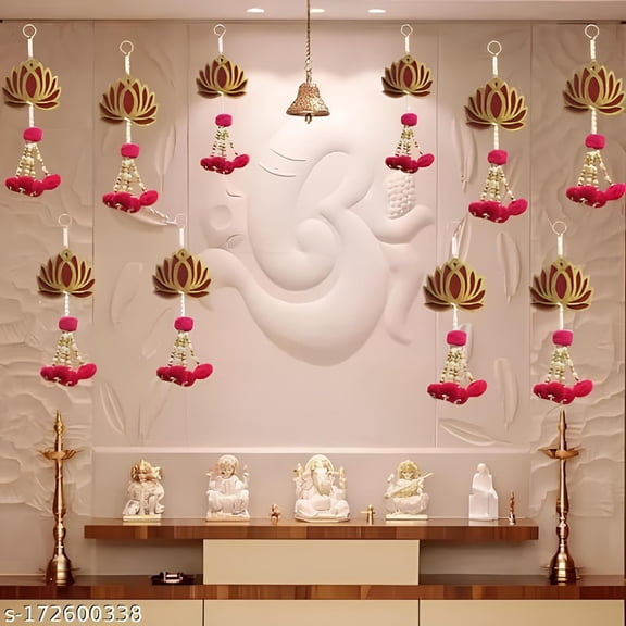 Wood Handmade Wall Decor Lotus with Pom-Pom Style (Set of 8 Pcs), Hanging for Home Decor,Diwali Decor, Wedding and All Festival Decor | Lotus Hangings for Home Decoration |, Multicolor