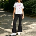 thumbnail image 5 of Xdegoge Girls Outfit 2 Piece Short Sleeve Crewneck Graphic Cute T Shirt and Bell Bottom Flare Pants Set Casual First Day Of School Daily Sets 2-14 Years, 5 of 6