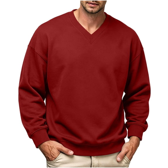 Mens V-Neck Sweatshirts, Lightweight Sweatshirt No Hood for Men Casual Fall Solid Color Long Sleeve Fleece Pullover Tops, L