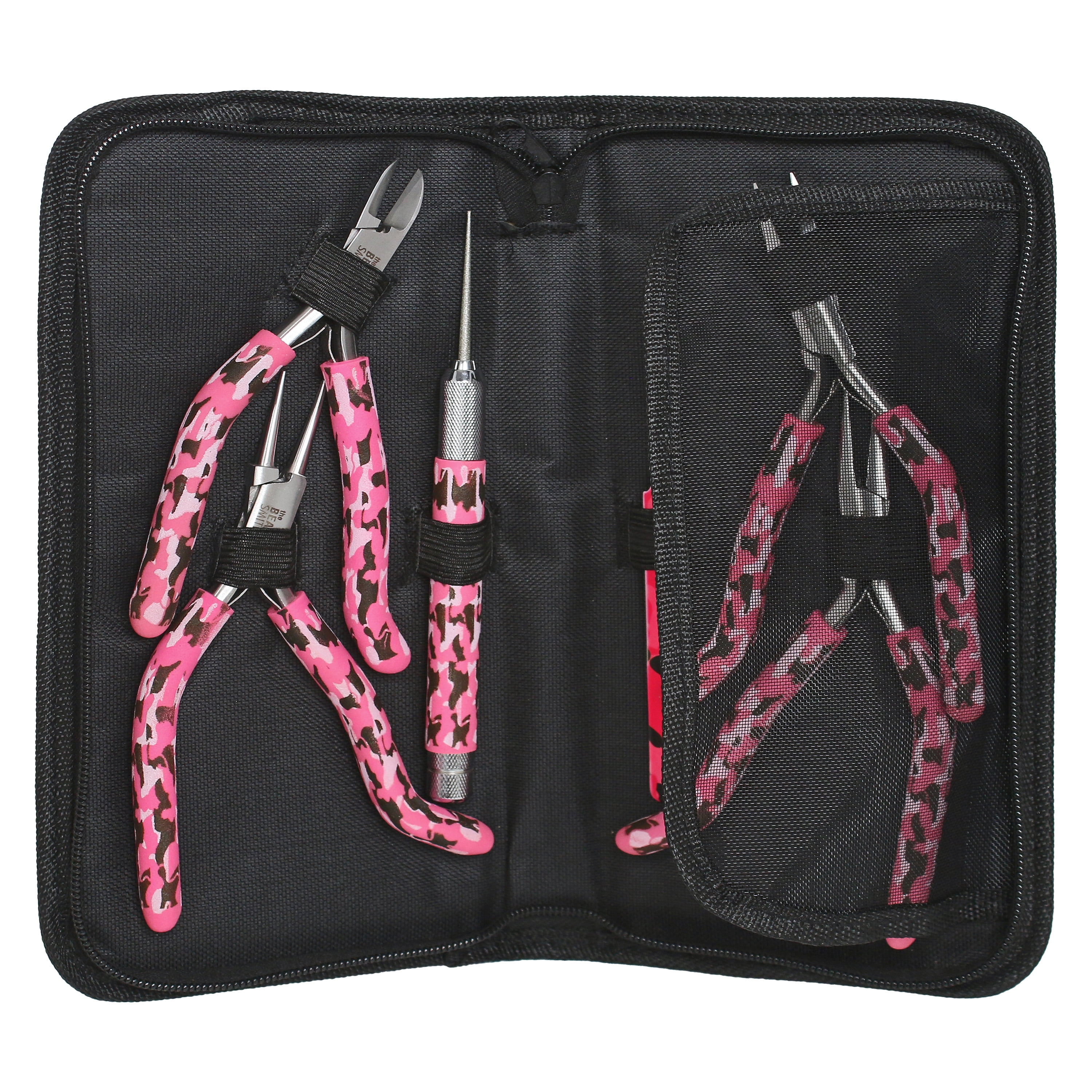 The Beadsmith Pink Camouflage Set - 6 Piece Kit: Pistol Grip Chain Nose, Round Nose, Flat Nose, Side Cutter Pliers w/ Tweezers, Reamer and Zippered Pouch – 6 Inch Jewelry Making Tools