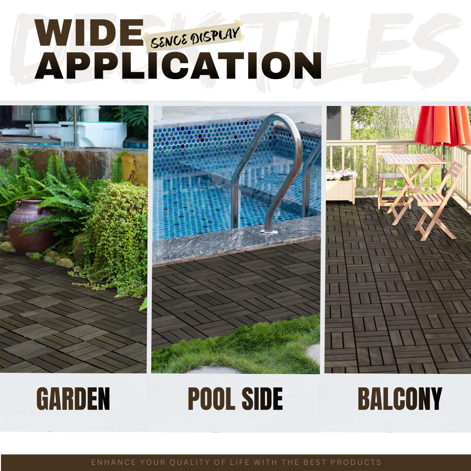 Miniyam 30 Pcs Interlocking Deck Tiles, 12" x 12", Acacia Wood, for Outdoor Balcony Garden, Dark Brown