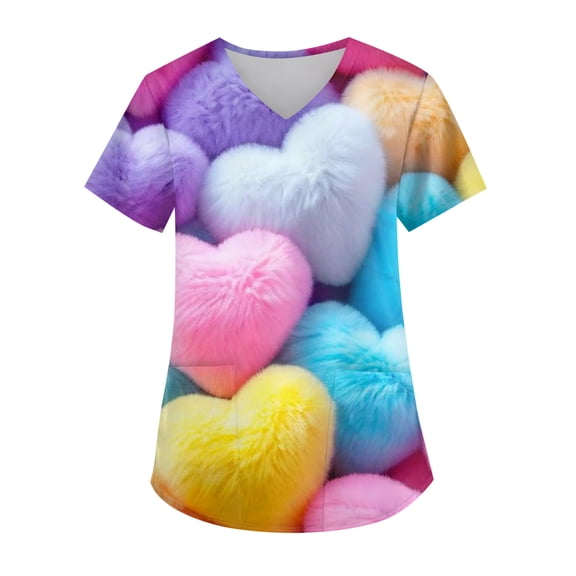 Valentine Day Scrub Tops for Women Love Heart Print V Neck Plus Size Medical Scrubs Quick Dry Short Sleeve Nursing Workwear with Pockets Blue S