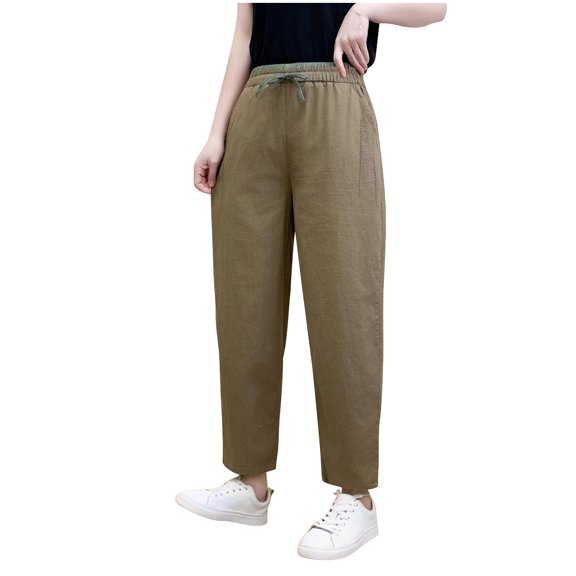 Karymi Womens Pants Trendy Straight-Leg Solid Long Comfy High Waisted Pants Cotton Linen Fabric Skin-Friendly Breathable Straight Pants String Women Trousers with Pockets 2026