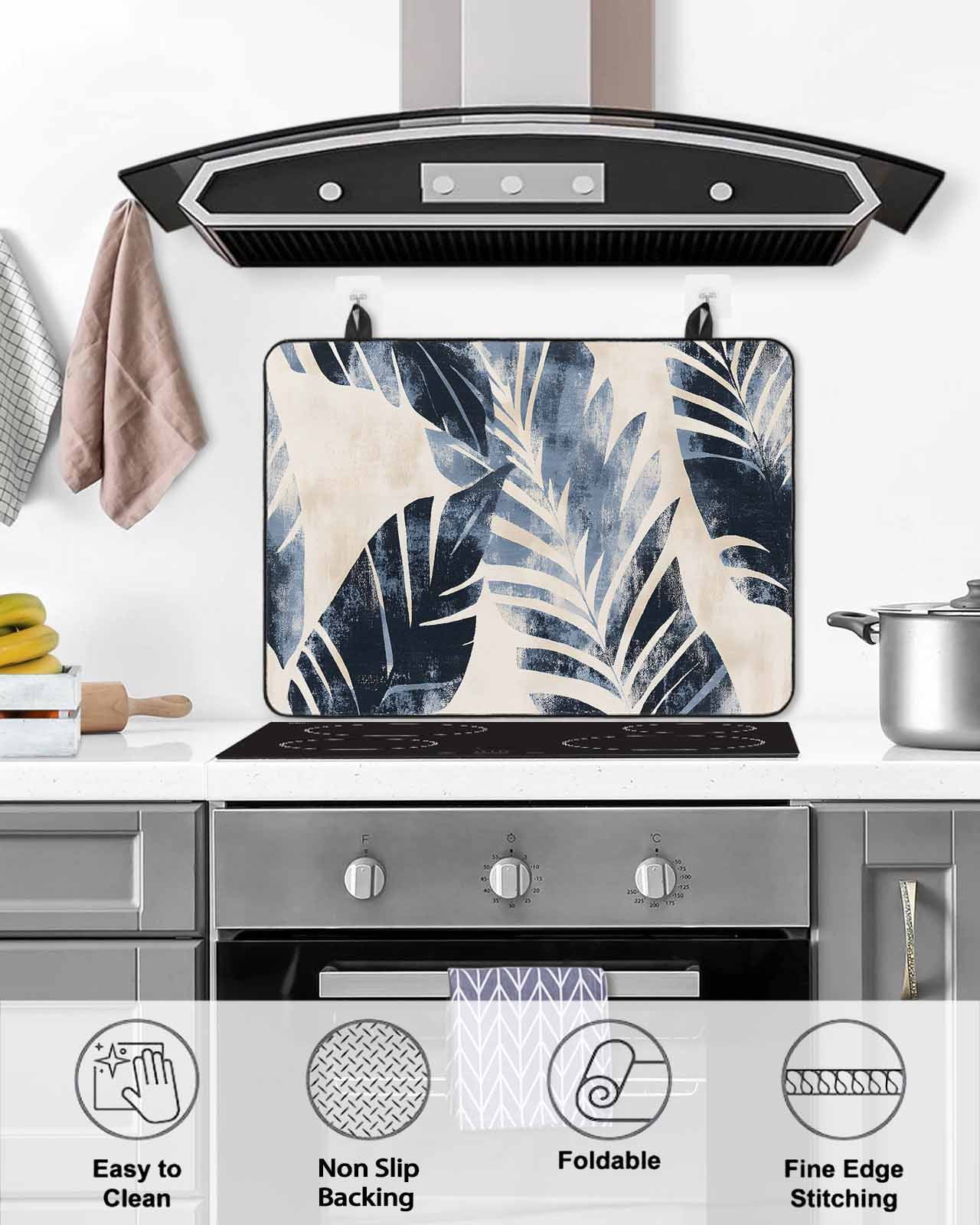 nqOlkjepod Large Induction Cooktop Protector Mat 36"x21", Vintage Navy Blue Botanical Stove Top Covers for Electric Stove, Retro Tropical Leaves Stove Burner Cover Mats, Glass Top Stove Cover