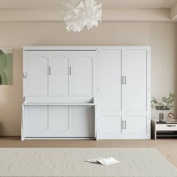 Harper & Bright Designs Queen Murphy Bed with Closet, Foldable Wall Bed Frame with Shelves, Hidden Murphy Bed Cabinet for Home Office, Guest Room, White