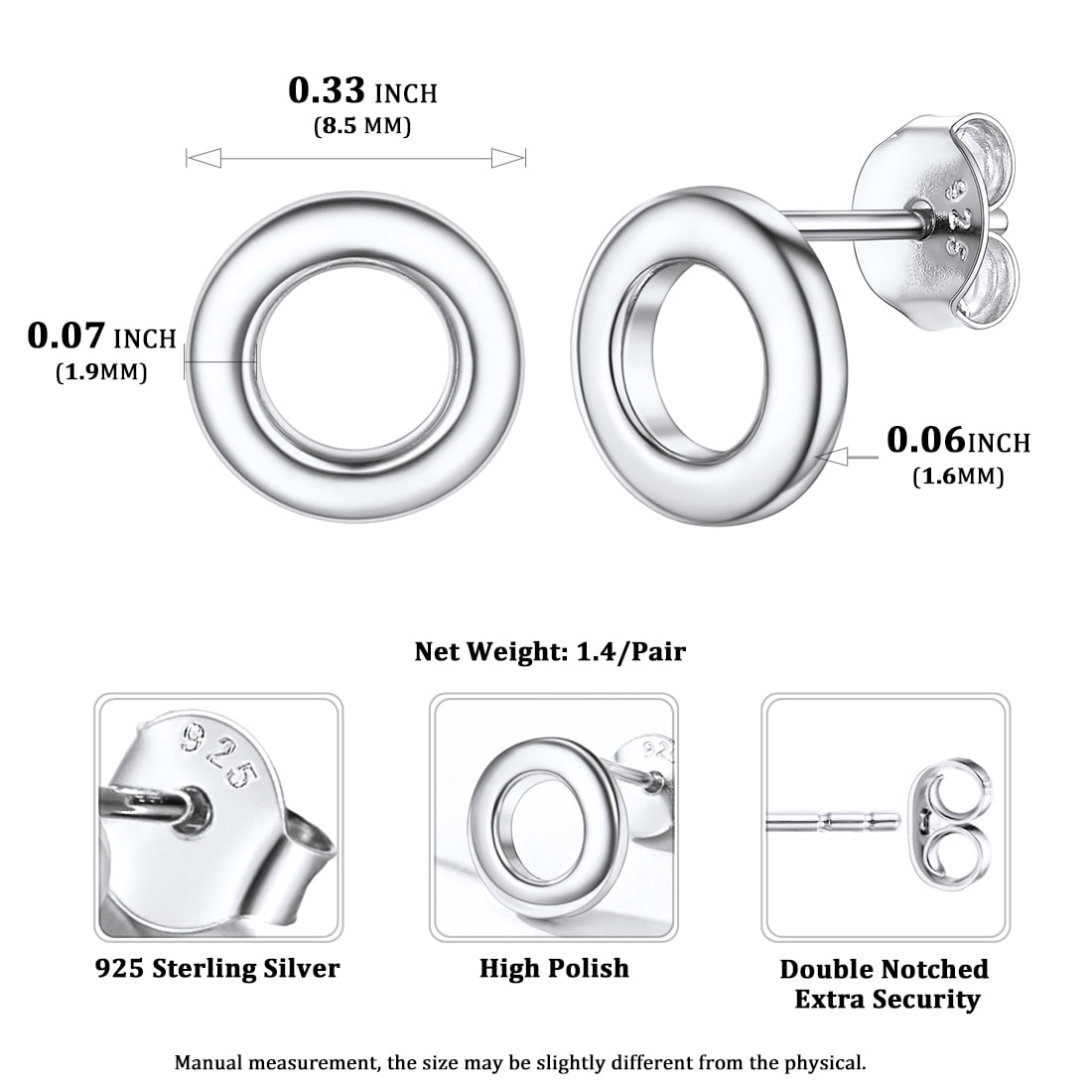 ChicSilver 925 Sterling Silver Circle Earrings for Women 8MM Small Round Stud Earrings for Sensitive Ears Fine Jewelry Gifts | Clearance
