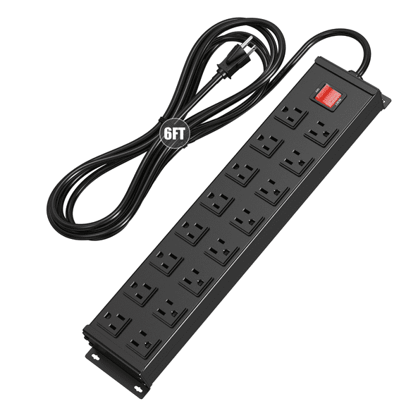 VILONG 16 Outlets Heavy Duty Power Strip Surge Protector Metal Wall Mounted 6ft Power Cord Etl Listed 15A 1875W for Garages Workbenches and Offices