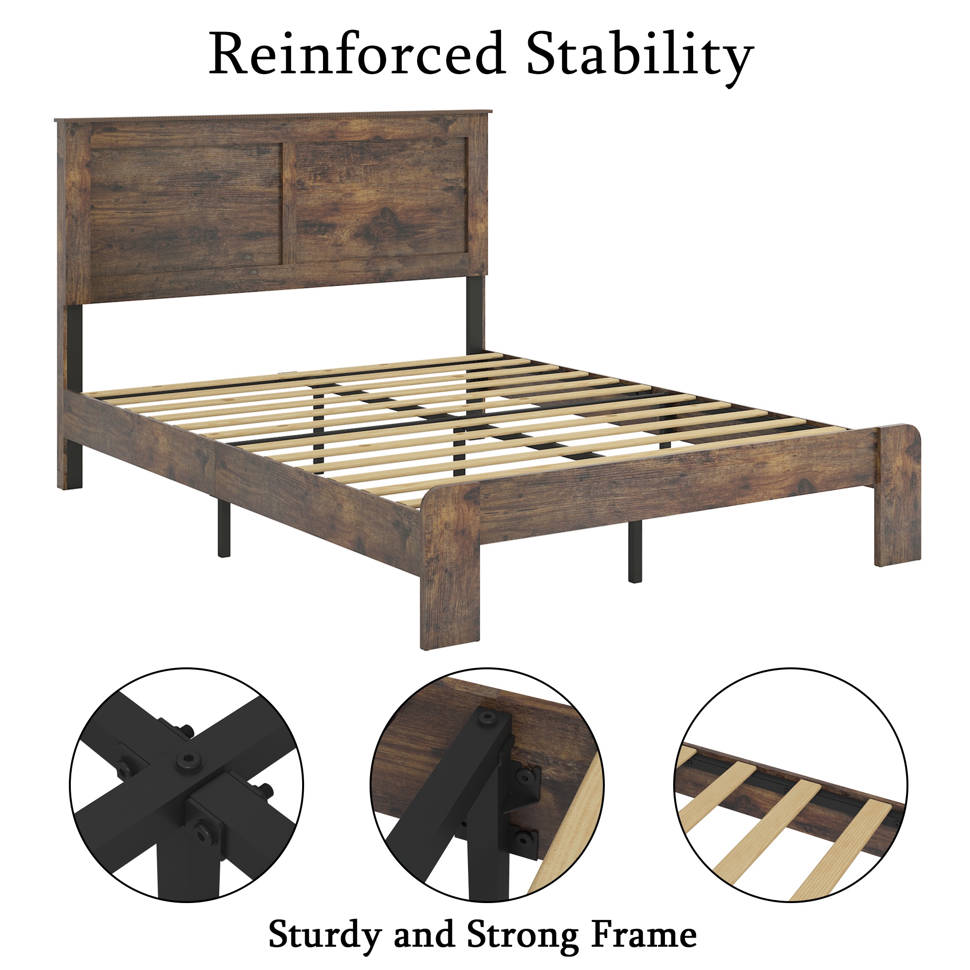 Sesslife Queen Size Bed Frame with Storage, Wood Platform Bed Frame with Charging Station and LED Light, Vintage Queen Bed Frame with Headboard and Wood Slats, No Box Spring Needed, Dark Brown