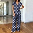 thumbnail image 5 of hoksml Women's Polka Dot 2 Piece Outfit, V Neck Cap Sleeve Top and Elastic Waist Wide Leg Pants Casual Lounge Set, 5 of 6