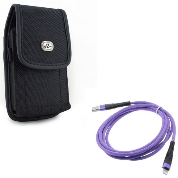 Case Belt Clip w 6ft USB Cable for iPhone XR - Rugged Holster Canvas Cover Pouch, Purple Charger Cord Power Wire Braided Compatible With iPhone XR
