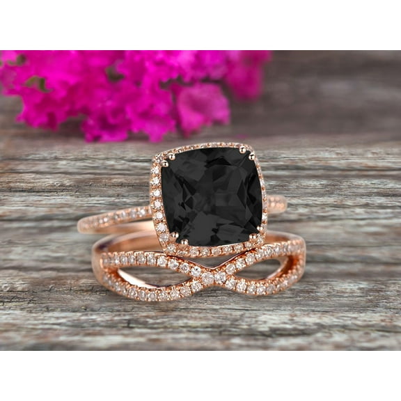 Halo 2 Pcs 10k Rose Gold 2.80 Carat 7mm Cushion Cut Black Diamond Moissanite Engagement Ring Set Custom Made Flaming Jewelry Twisted Across Matching Band Art Deco Anniversary Ring