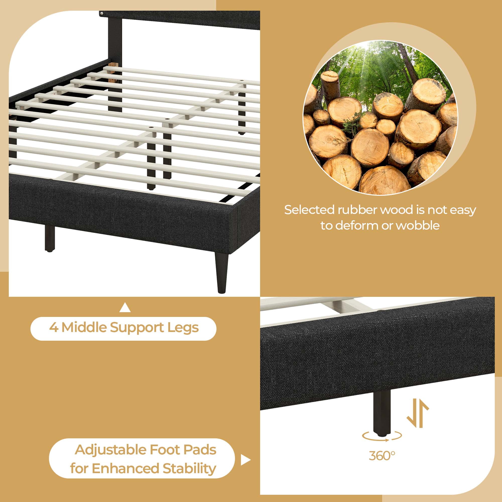Costway Queen Size Upholstered Bed Frame with Nailhead Trim Headboard Wooden Slats Support