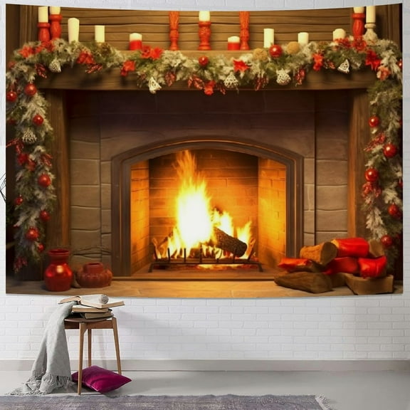 Pratyus Christmas Decorations Fireplace Warm Lighting Tapestry Wall Hanging for Bedroom Dorm Living Room - Short Plush Fabric Indoor Outdoor Multi-functional Wall Decoration 40x30inch