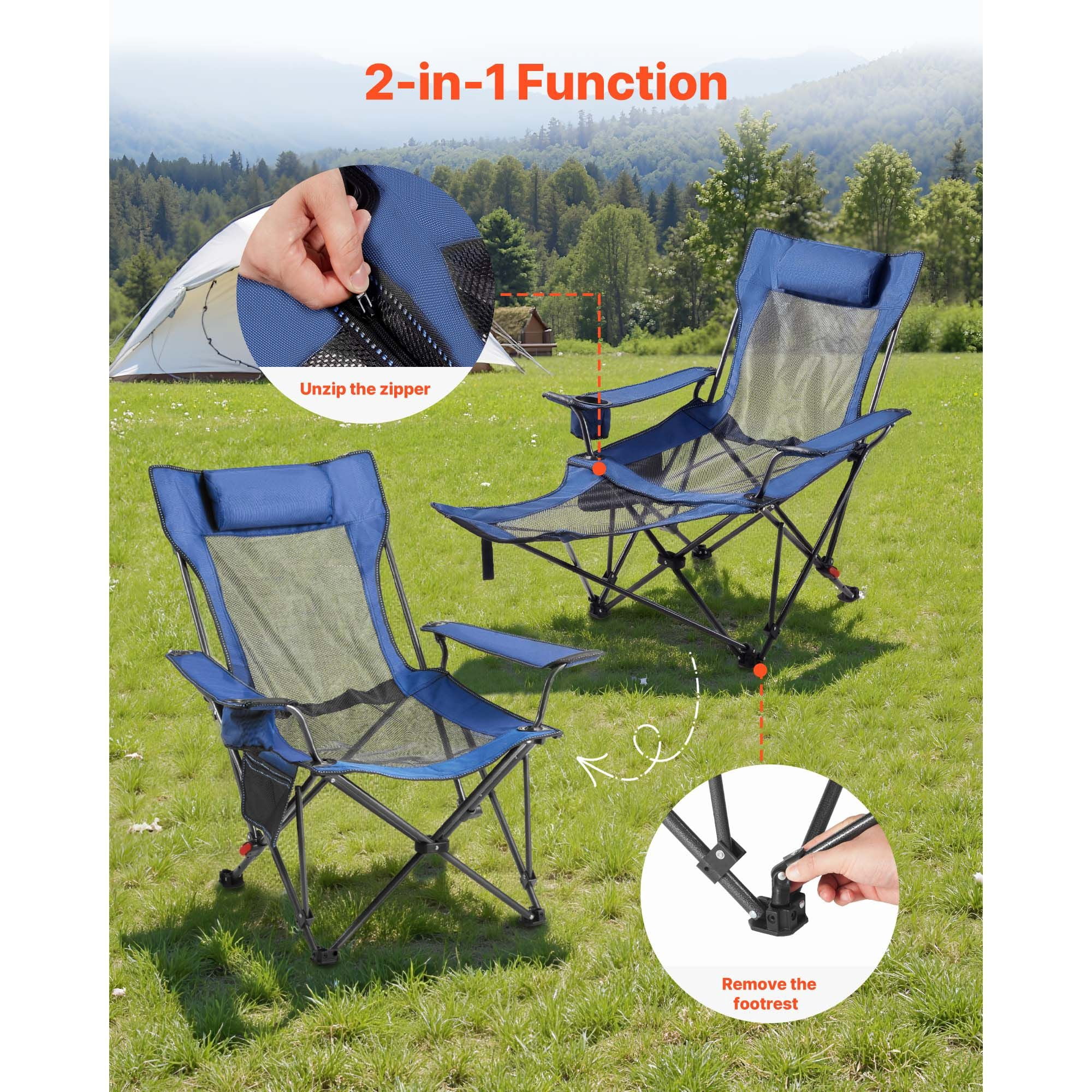 Foldable Reclining Lounge Chair 4-Position Adjustable, 220 lbs Capacity, Detachable Footrest, Cup Holder, for Camping Beach Patio