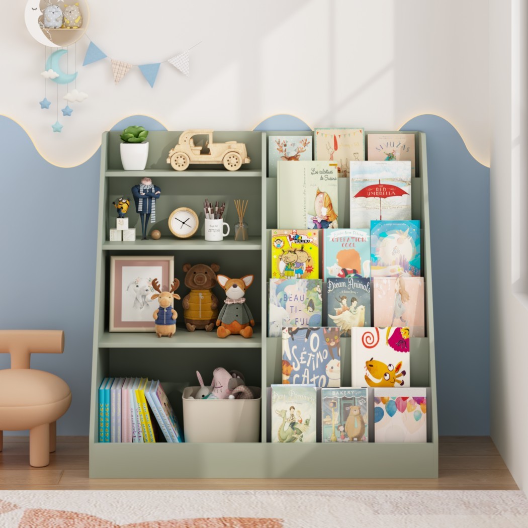4-Tier Kids Bookshelf and Toy Storage Organizer, Wooden Children's Bookcase with Multi-Level Shelves & Toy Bin, Book Display Stand for Kids Room, Playroom & Nursery, Sage